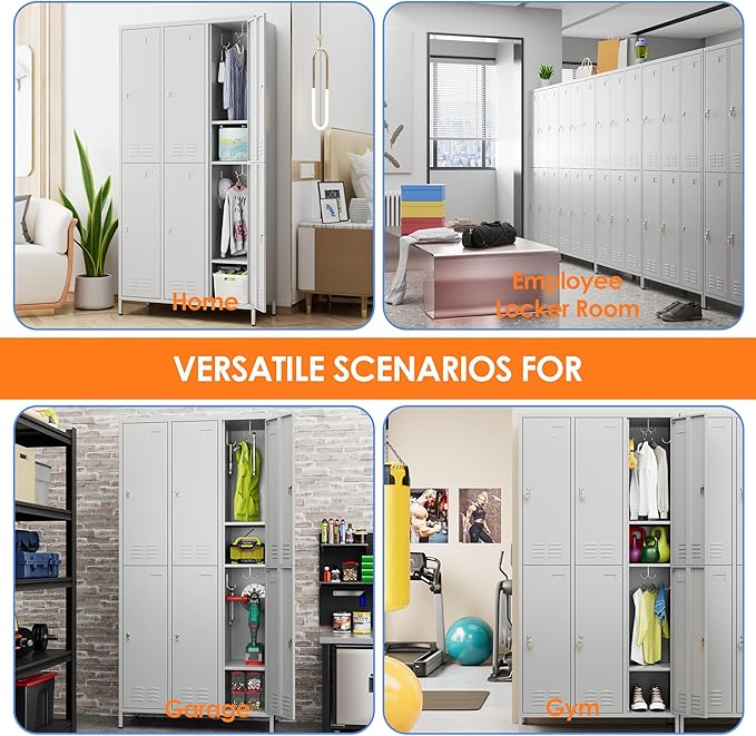 Employees Locker, 72 inch Tall Metal Storage Locker with 6 Doors for School Hospital Garage Gym Home Office with 12 Hooks, Requires Assembly