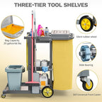 DWVO Janitorial Cart on Wheels, Cleaning Carts, Housekeeping Cart, 3 Shelf Commercial Traditional Plastic Janitor Carts, with 2 Yellow 25 Gallon Vinyl Bag & Rubber Gloves for Restaurant Hotel Home