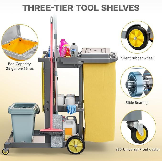 DWVO Janitorial Cart on Wheels, Cleaning Carts, Housekeeping Cart, 3 Shelf Commercial Traditional Plastic Janitor Carts, with 2 Yellow 25 Gallon Vinyl Bag & Rubber Gloves for Restaurant Hotel Home