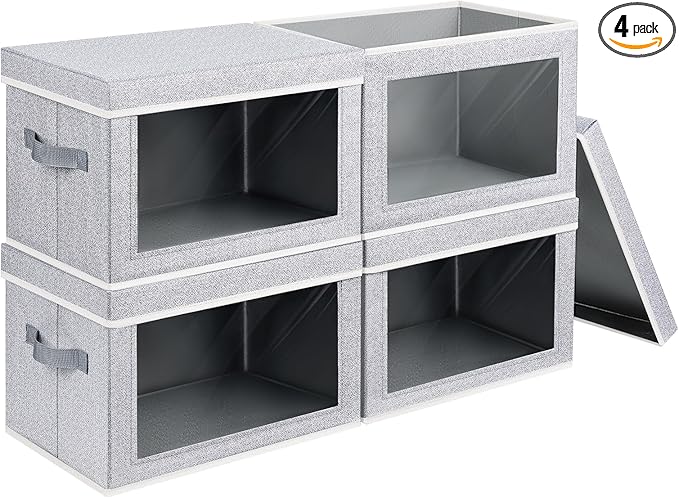 Storage Boxes with Lids - 4 Pack Fabric Clear Window Storage Bins, Large Decorative Storage Bins with Handles, Linen Closet Organizer for Clothes, Towel, Blanket, Light Grey