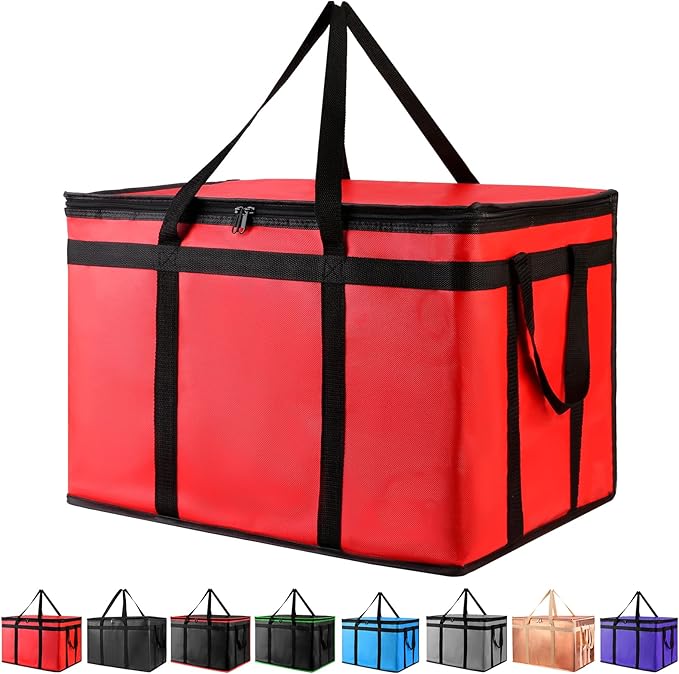 XXXL Insulated Food Delivery Bag - Reusable Thermal Cooler Grocery Bags for Catering & Delivery, Pizza Carrier for Events, Large Capacity Bag Keeps Food Hot/Cold for Shopping, Commercial (Red, 1PK)