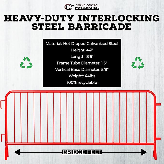 Angry Bull Barricades Metal Interlocking Steel Barricade (8.5 Ft. Heavy Duty, Bridge Feet, Red Powder Coated, Set of 10)
