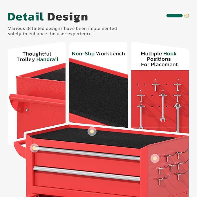 Greenvelly 8-Drawer Rolling Tool Chest, Metal Tool Chest with Wheels, Tool Cabinet with Detachable Top Tool Box, Metal Tool Cart with Liner & Hooks for Garage, Workshop, Warehouse (Red)
