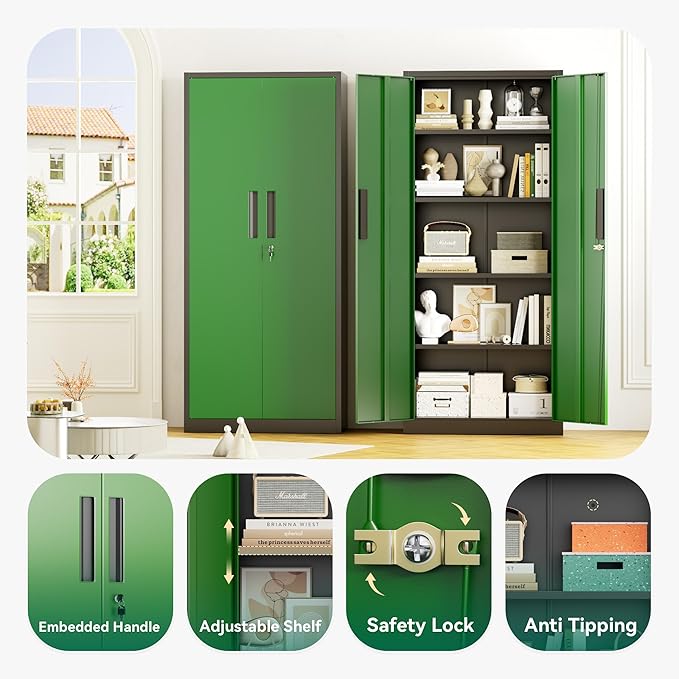 Greenvelly Metal Storage Cabinet, 63" H Locking Metal Storage Cabinet with Doors and 4 Shelves, Lockable Steel Cabinets for Kitchen, Bedroom, Living Room, Office (Green)
