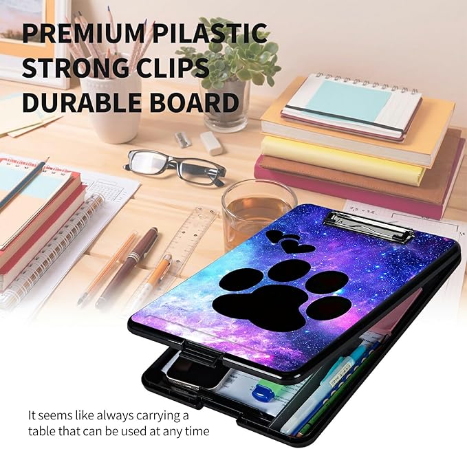 A4 Clipboards,Heavy Duty Waterproof Nursing Plastic Folder Clipboard with Storage Clip Boards,File Folder Storage Box Clipboard Case for Teacher,Doctor,Offices,Animals Dog Paws Galaxy