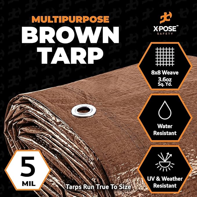 Multipurpose Protective Cover Brown Poly Tarp 20' x 20' - Bulk Full Pallet (216 Pack) Durable, Water Resistant, Weather Resistant - 5 Mil Thick Polyethylene - by Xpose Safety