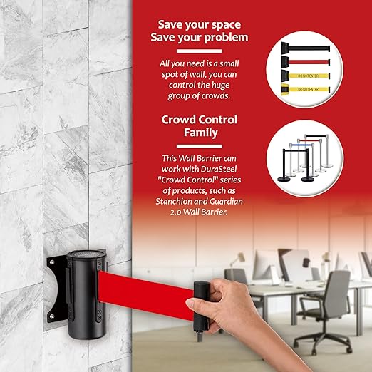 DuraSteel Wall Mount Retractable Belt Barrier - 9.2 Ft Red Safety Belt in Sturdy Black Casing - Guardian 1.0 Indoor & Outdoor Do Not Cross Caution Tape for Crowd Control Queue Barrier, Line Divider