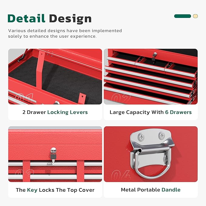 Greenvelly 8-Drawer Rolling Tool Chest, Metal Tool Chest with Wheels, Tool Cabinet with Detachable Top Tool Box, Metal Tool Cart with Liner & Hooks for Garage, Workshop, Warehouse (Red)