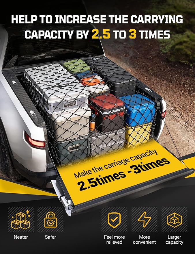 Cargo Net for Pickup Truck Bed - Stretchable 4' x 6' to 8' x 12' with 4" x 4" Mesh, Heavy Duty 10mm Cord Bungee Bed Netting with 12 Metal Carabiners - Ideal for ATV, SUV, UTV and Truck