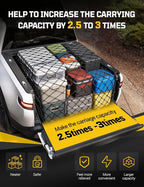 Cargo Net for Pickup Truck Bed - Stretchable 4' x 6' to 8' x 12' with 4" x 4" Mesh, Heavy Duty 10mm Cord Bungee Bed Netting with 12 Metal Carabiners - Ideal for ATV, SUV, UTV and Truck
