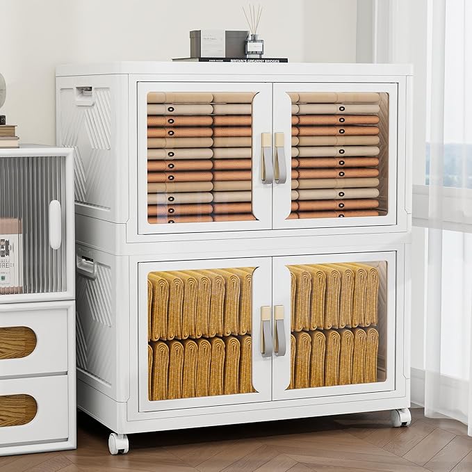 Large Stackable Storage Bins with Lids, 330QT-165QT*2Tier Foldable Cabinet for Closet Organizers, Plastic Storage Containers Box with Wheels