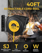 Retractable Extension Cord Reel, 40 FT Heavy Duty Power Cord, 12AWG/3C SJTOW, 3 Grounded Outlets Lighted Triple Tap, 15 Amp Circuit Breaker, UL Listed, Yellow Y40CR06