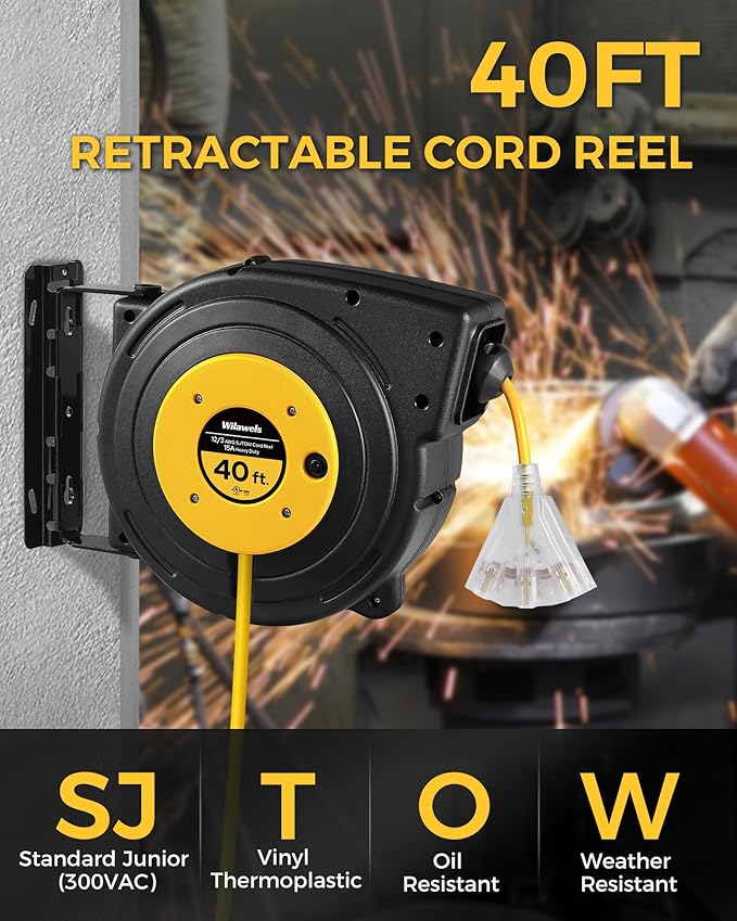 Retractable Extension Cord Reel, 40 FT Heavy Duty Power Cord, 12AWG/3C SJTOW, 3 Grounded Outlets Lighted Triple Tap, 15 Amp Circuit Breaker, UL Listed, Yellow Y40CR06