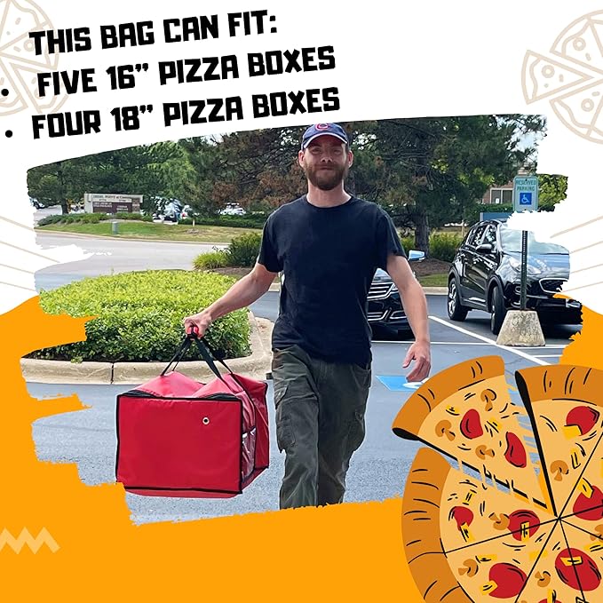 FSE Insulated Pizza Food Delivery Bag Carrier, 18 Inch x 18 Inch x 13 Inch, Breathable Design, Fits Five 16" Pizza Boxes, or Four 18" Pizza Boxes, for Hot or Cold Items, Red