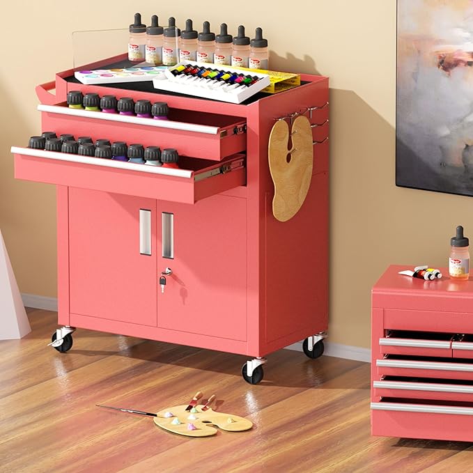 Greenvelly Tool Chest, 8-Drawer Rolling Tool Chest with Hooks and Lockable Wheels,Metal Storage Detachable Top Tool Box with Lockable Wheels for Garage,Workshop,Art Studio(Pink)