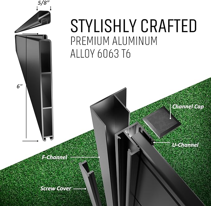 80" W x 69" H Black Aluminum Privacy Fence Kit – (1) Pre-Assembled Panel with (2) 4x4x9' Dig & Set Posts, Caps & 100 Black Screws – Modern Low-Maintenance Fence System