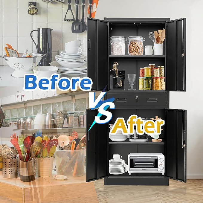 Metal Storage Cabinet, 71" H x 28" W x 16" D Locking Storage Cabinet with Adjustable Shelves and One Drawer, Steel Cabinet for Office, Garage, Home, School, Utility (Black)