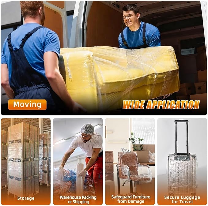 Stretch Film Shrink Wrap for Moving Supplies (15inch, 2 Pack) x 1000ft, Industrial Strength Plastic Wrap Stretch Roll for Pallet Wrapping Shipping Moving Boxes Storage Furniture with Handles, Clear