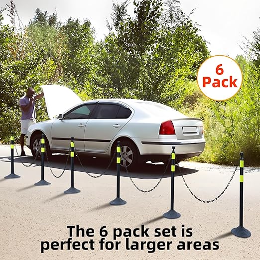 6 Pack 39 Inch Black Traffic Delineator Posts with 2 Green Reflective Stripes, Safety Posts Cones with 6.6 Feet Chains and 14 Inch Rubber Base for Road Safety,Parking Lot (Black)