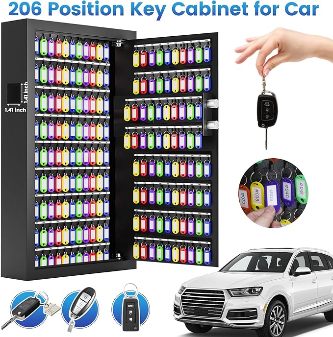 206 Keys Combination Lock Key Cabinet with Colorful Key Tags, Anti-Theft Key Lock Box with Side Drop Slot, Heavy Duty Key Organizer Wall Mount for Car Garage House Rental Office Business