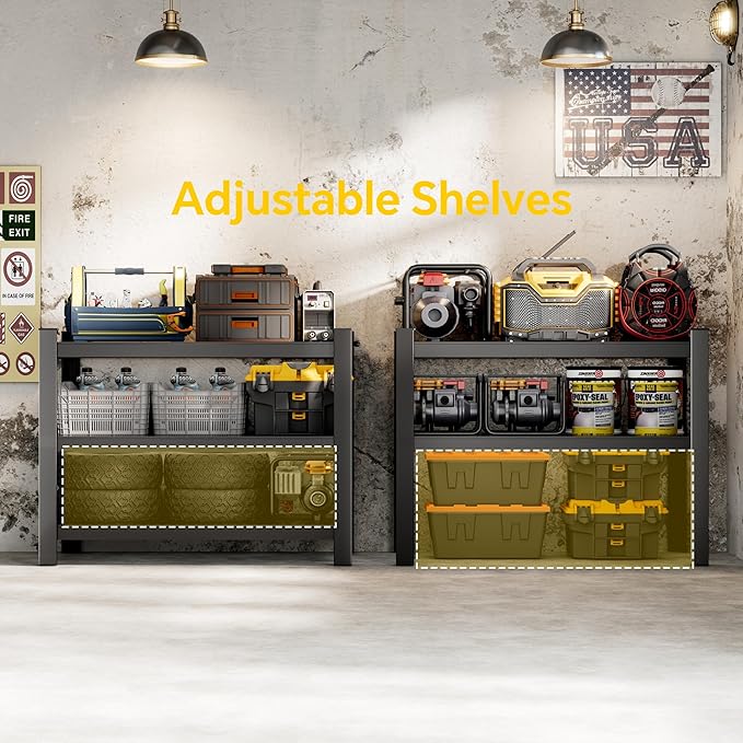 CJF Metal Storage Shelves, 3-Tier Garage Shelving Unit, Heavy Duty Adjustable Metal Shelving for Garage, Basement, Pantry, Warehouse-Black (36 "H x 36" W x 16" D)