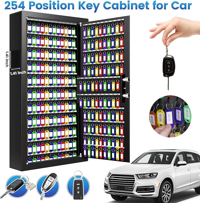 254 Keys Digital Key Lock Box Wall Mount with Code, Heavy Duty Anti-Theft Key Lock Box with Side Drop Slot and Colorful Key Tags for Car Garage House Rental Office