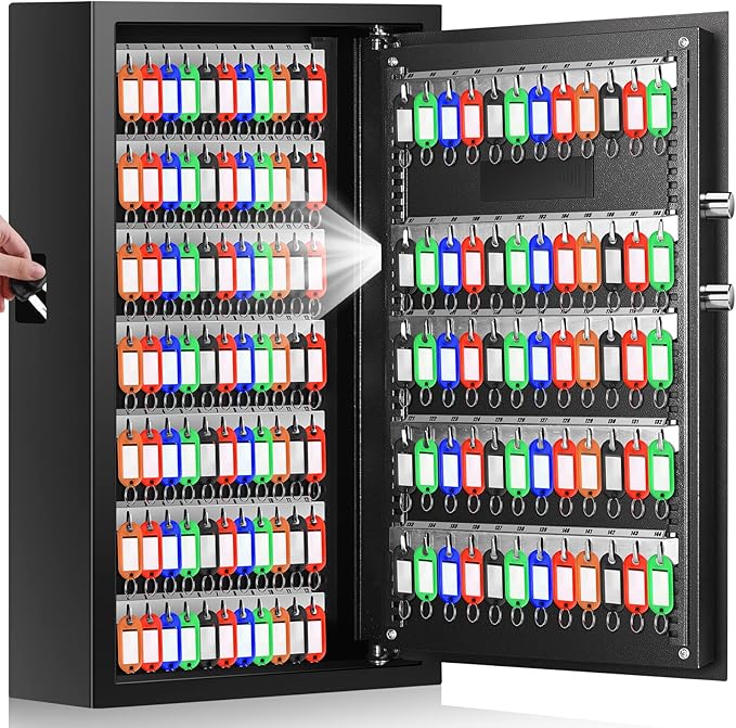 144 Keys Fireproof Key Cabinet, Anti-Theft Heavy Duty Key Lock Box with Key Tags, Adjustable Key Organizer Wall Safe with Combination Lock for Car Office House Garage Rental Business