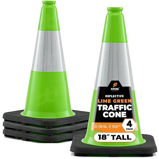 Xpose Safety 18” Lime Green Traffic Cone - 6" Reflective Collar – 4 Pack Premium PVC Safety Cone for Parking, Caution, Construction, Road Crews, Emergency Vehicle - DOT Approved