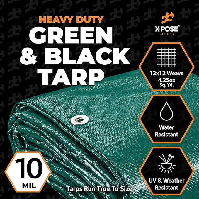 Heavy Duty Poly Tarp 15' x 25' - Bulk Full Pallet (144 Pack) Thick Waterproof, UV Blocking Protective Cover - Reversible Green & Black - 10 Mil Thick Polyethylene - by Xpose Safety