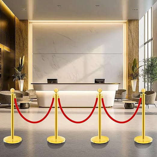 Gold Stanchions with Red Velvet Ropes - 4 Pack Stainless Steel Posts, Fillable PE Base, Crowd Control Barriers for Weddings, Events & Parties (gold-hollow-4PCS)