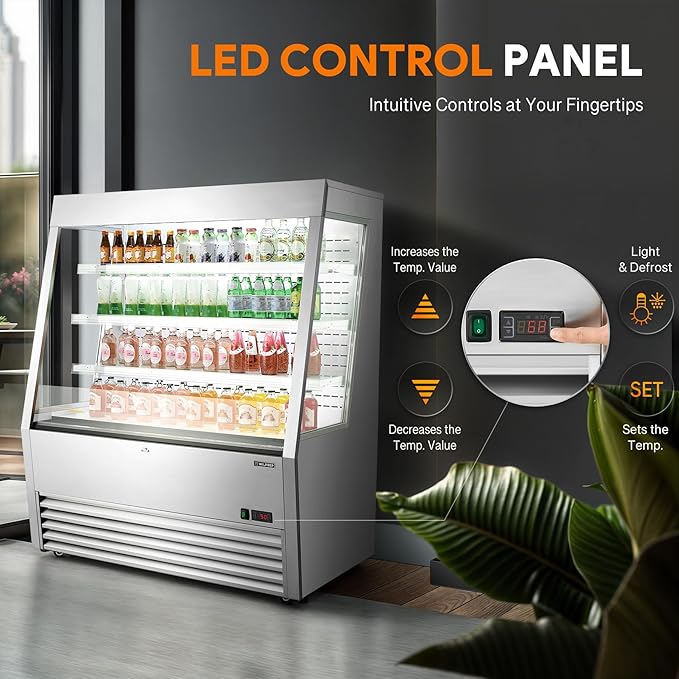 Wilprep Commercial Display Refrigerator, 47" Open Air Merchandiser with 16 cu. ft. Volume LED Lighting Night Curtain, Grab and Go Display Refrigerator Showcase for Store Cafe Bar Shop