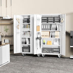 Greenvelly 72" Metal Storage Cabinet with Wheel and Pegboard, Lockable White Metal Garage Cabinets with 2 Doors and 4 Adjustable Shelves, Rolling Steel Tool Cabinet for Garage, Home Office, School