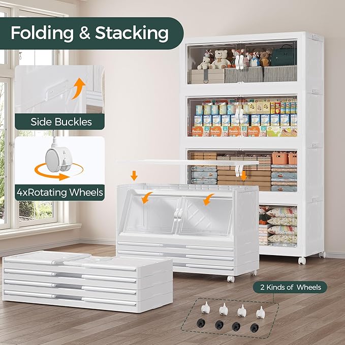 360QT Extra Large Stackable Storage Bins with Lid, 90Gal Collapsible Closet Organizer Box with Wheels, Folding Plastic Storage Cabinet with Doors for Home Kitchen Office Dorm, 3Pack White