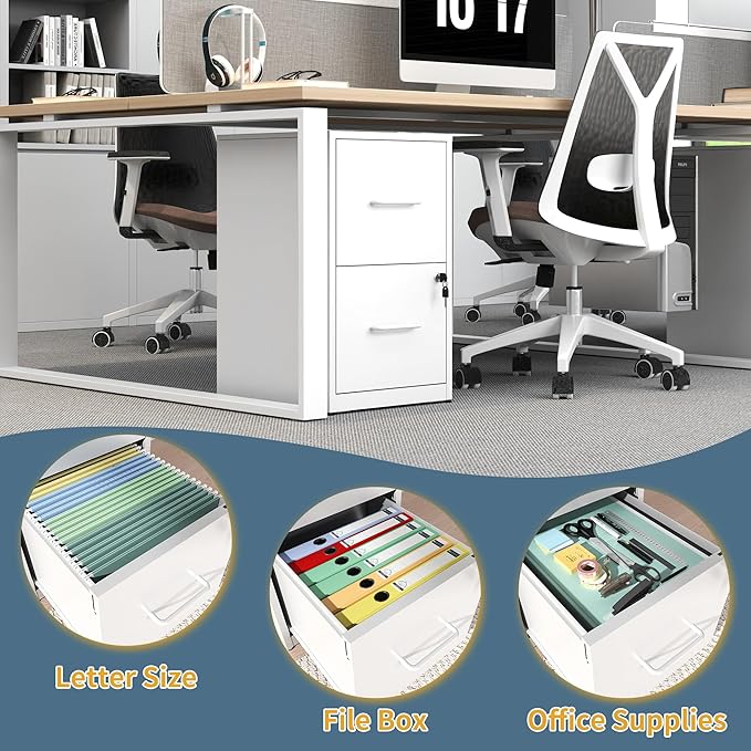 2 Drawer File Cabinet with Lock, Vertical Filing Cabinets for Home Office, Metal Storage Cabinet, Heavy Duty File Cabinet for Under Desk, Amssebly Required, White
