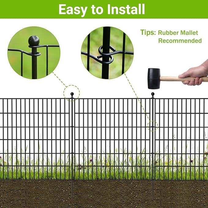 10 Panels No Dig Decorative Outdoor Garden Fence for Yard, 24 in(H) X 20 ft(L) Animal Barrier Fencing Rustproof Metal Wire Panel Border for Dog, Rabbits, and Patio Temporary Ground Stakes