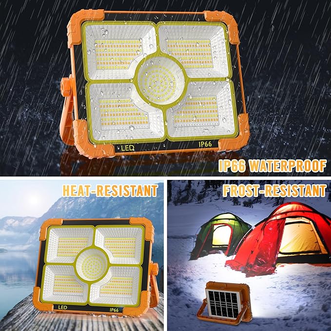 100W LED Solar Work Light, 466 LED 10000LM Magnetic Worklight with 5 Modes, 12000mAh Battary Rechargeable, IP66 Waterproof Portable Solar Outdoor Working Light for Emergency, Repair, Camping