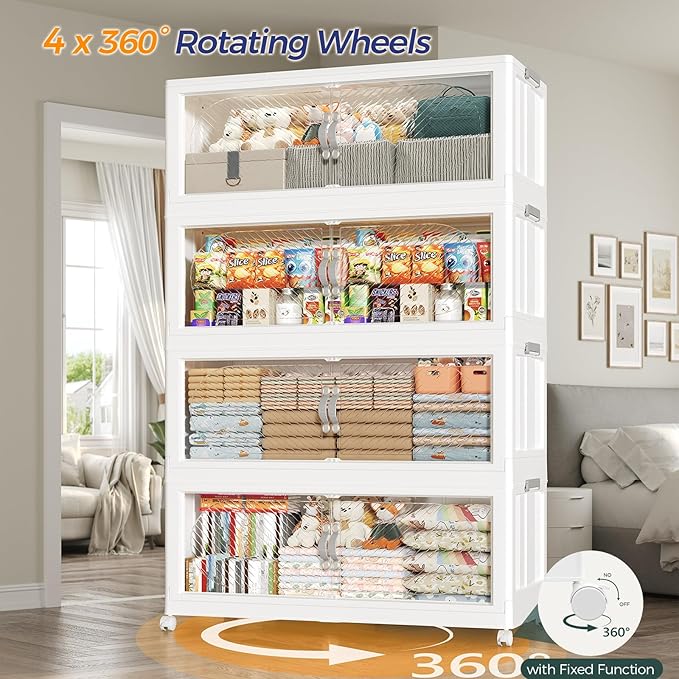 480QT Plastic Stackable Storage Bins with Lid, 120GAL Extra Large Collapsible Box with Wheels Clear Door, Foldable Closet Organizer Container Cabinet Drawer for Home Kitchen，4Pack, White