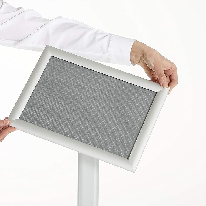 M&T Displays Curved Menu Board, 8.5x11 Inch Pedestal Sign Holder with 8.5x11 Inch Brochure Holder Silver Floor Standing Aluminum Front Loading Easy Open Poster Message Advertisement Post