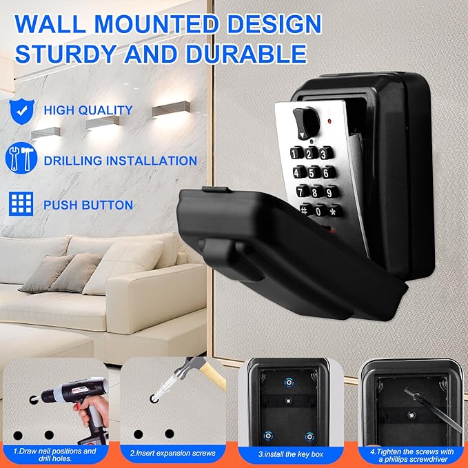 Key Lock Box, 12-Digit Code, Weatherproof Wall Mount, Large Capacity 5-8 Keys, Aluminum Alloy (Silver, 3.58 * 2.24 * 5.28IN)