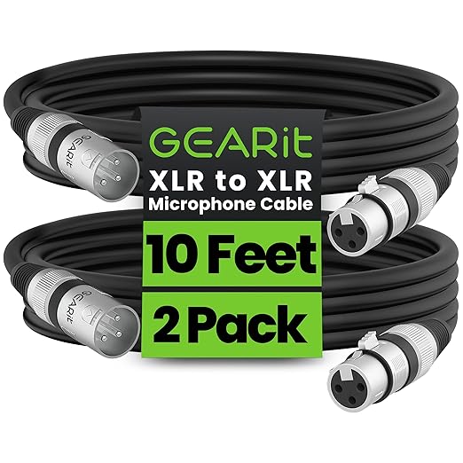 GEARit XLR Male to Female Microphone Cable (10 Feet, 2-Pack) 3-Pin Balanced Shielded Mixer, Recording Studio, Podcast - Black