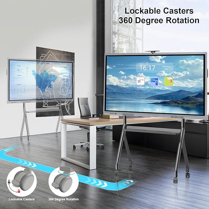 Smart Board Stand for 44"– 75" Interactive Smart Whiteboard, Height Adjustable Mobile Portable Stand with Four Lockable Wheels for Classroom Home Office Business Studio