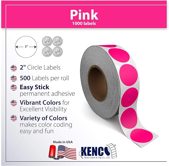 Kenco Color Coding Circle Dot Sticker Labels on a roll (Bright Pink, 2 INCH 500 Stickers)