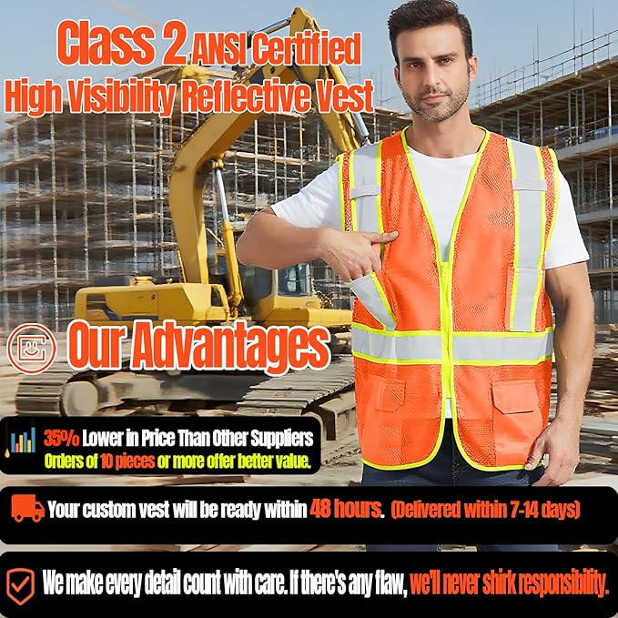 BeautyWill Custom Safety Vest Customized Logo Class 2 High Visibility Reflective Vest with Pockets Construction workwear