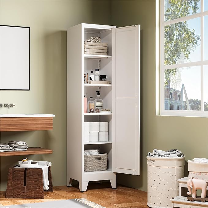 COFaR 67" Tall Pantry Cabinet, White Storage Cabinet with Magnetic Door & 4 Adjustable Shelves, Slim Freestanding Cupboard for Kitchen, Bathroom, Living Room