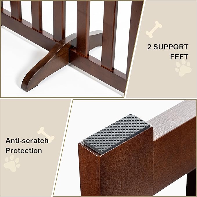 30" Height Tall Freestanding Pet Gate, Solid Wood Folding Safety Fence Wooden Dog Gate with 2 PCs Support Feet Ideal for Stairs, Doorways, Halls, Kitchens, Heavy Duty Gates, 3 Panels, Walnut