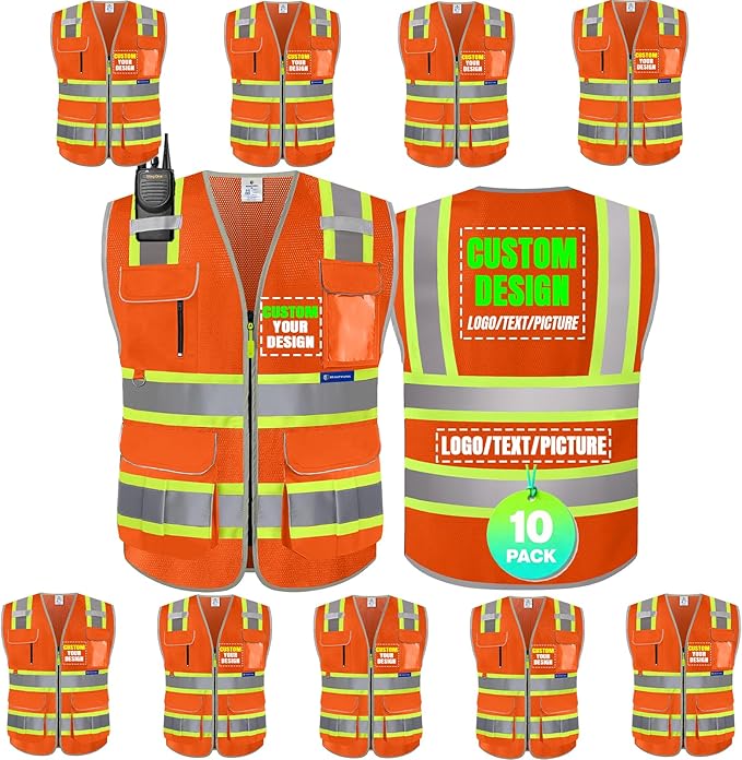 BeautyWill Custom Logo 10 Pockets Safety Vest Class2 ANSI Certified High Visibility Reflective Vest