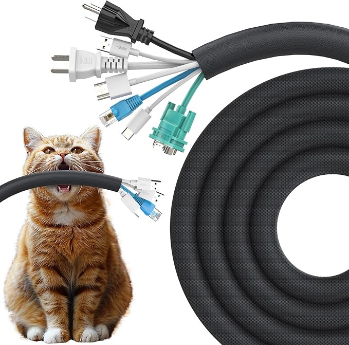 Dog and Cat Cord Protector 10ft - 1.2inch, Flexible Cable Sleeve for Easy Cord Management, Protects Cables from Pets Chewing, Ideal for USB, Power, Audio and Video Cords - Black