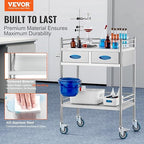 VEVOR Lab Serving Cart Utility Cart Stainless Steel Medical Cart with Two Drawers for lab Equipment Use Grade I Stainless Steel Utility Services (2 Shelves/ 2 Drawer)
