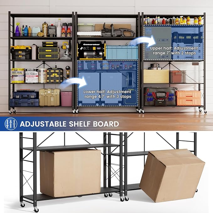 ALANNG 40" W Foldable 5-Tier Storage Shelves with Wheels, Adjustable & Removable Metal Rack, Heavy Duty Rolling Organizer for Kitchen, Garage, Closet, Pantry, and Office (Black,4 Pack)