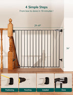 Babelio Baby Gate for Stairs, Kitchen & Doorways, No Bottom Bar| Easy Installation| One-Handed Operation| Auto-Close| Hardware Mount (Drill Needed) Safety Dog Gate (Black - B17, 34" H, 29-49" W-Wide)